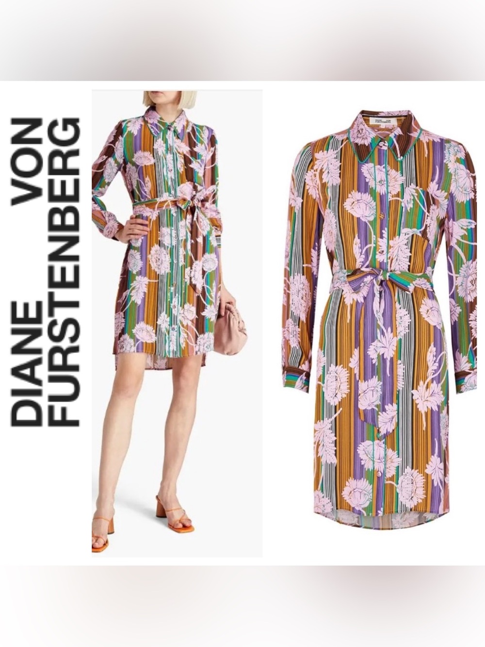 DIANE VON FURSTENBERG (NEW $428) Crepe De Chine Mini Shirt Dress ~ Lilac ~ L